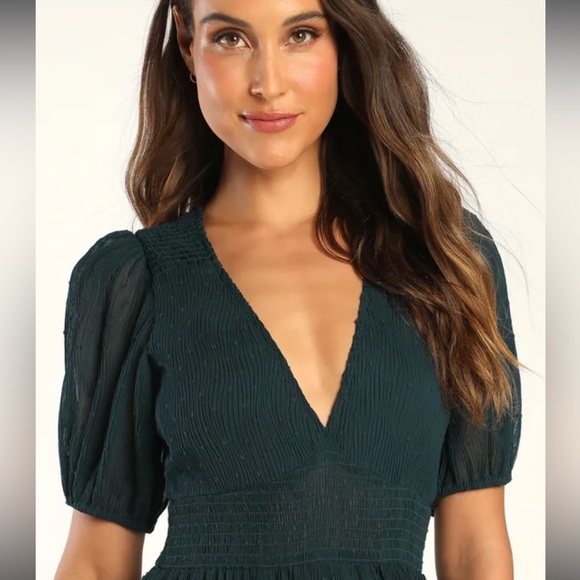 Lulus Tier to Please Dark Teal Puff Sleeve Swiss Dot Midi Dress M - Picture 3 of 8